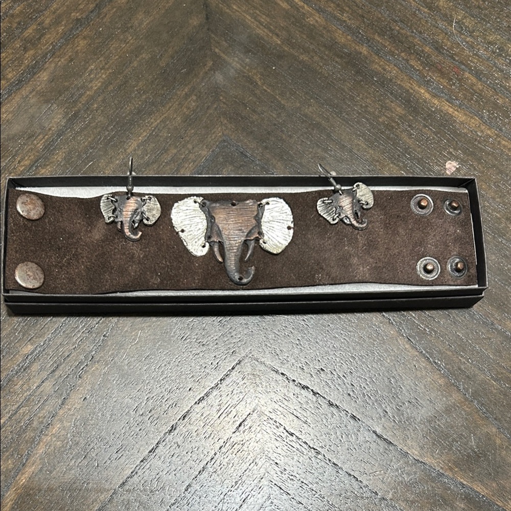 Elephant Motif Brown Leather Bracelet and Earring Set
